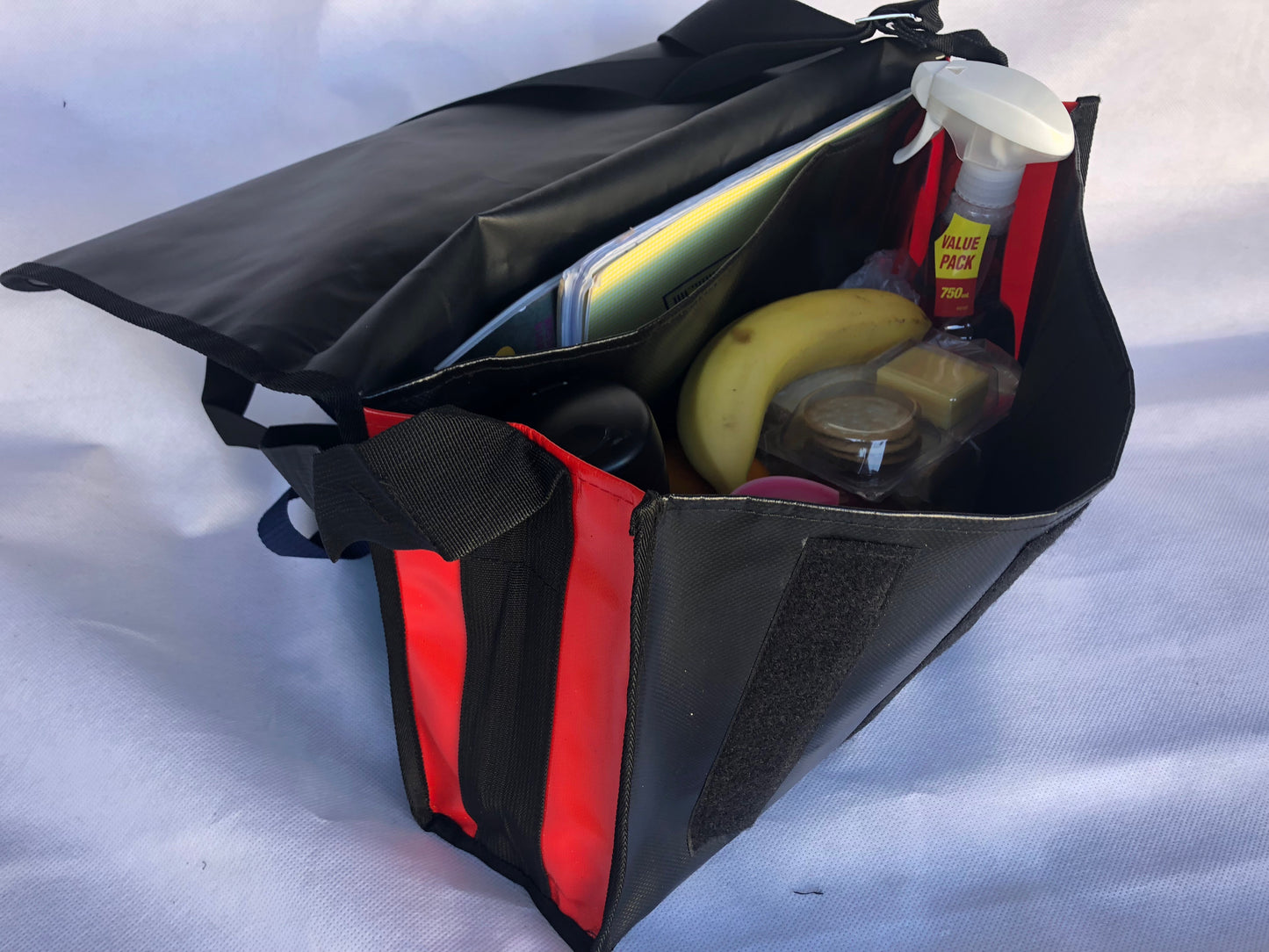 CribBags Small Black and Red Crib bag. Tough Vinyl Construct, Document pocket inside