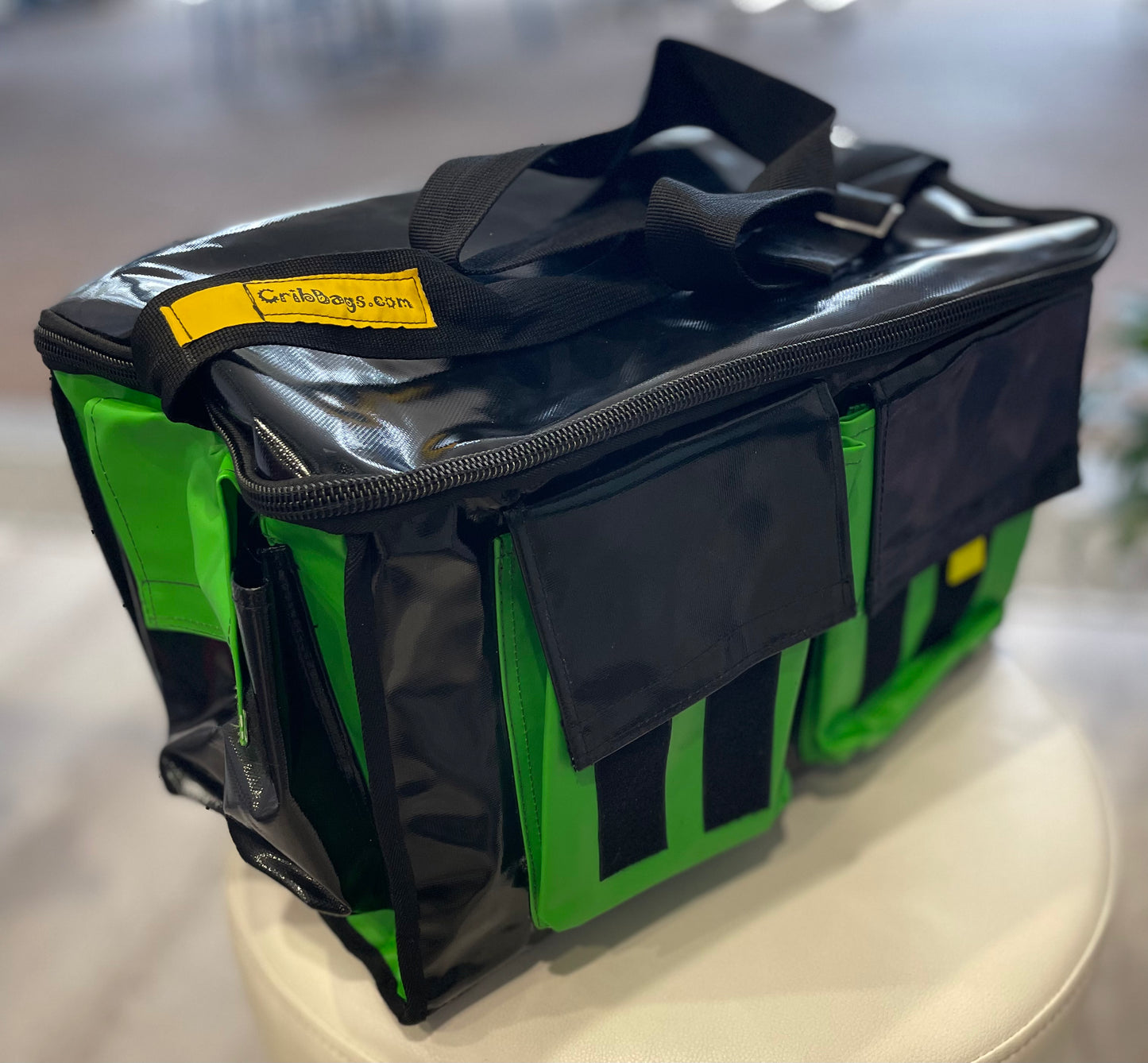 CribBags NEW ZIP Extra Large Black and Green Crib bag. Tough Vinyl Construct 4 pockets outside, 3 pockets inside.
