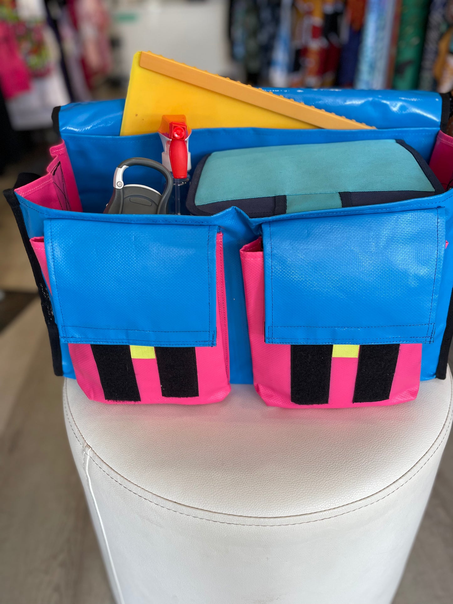CribBags Medium Blue and Pink Crib bag. Tough Vinyl Construct 2 pockets outside, Document pockets inside