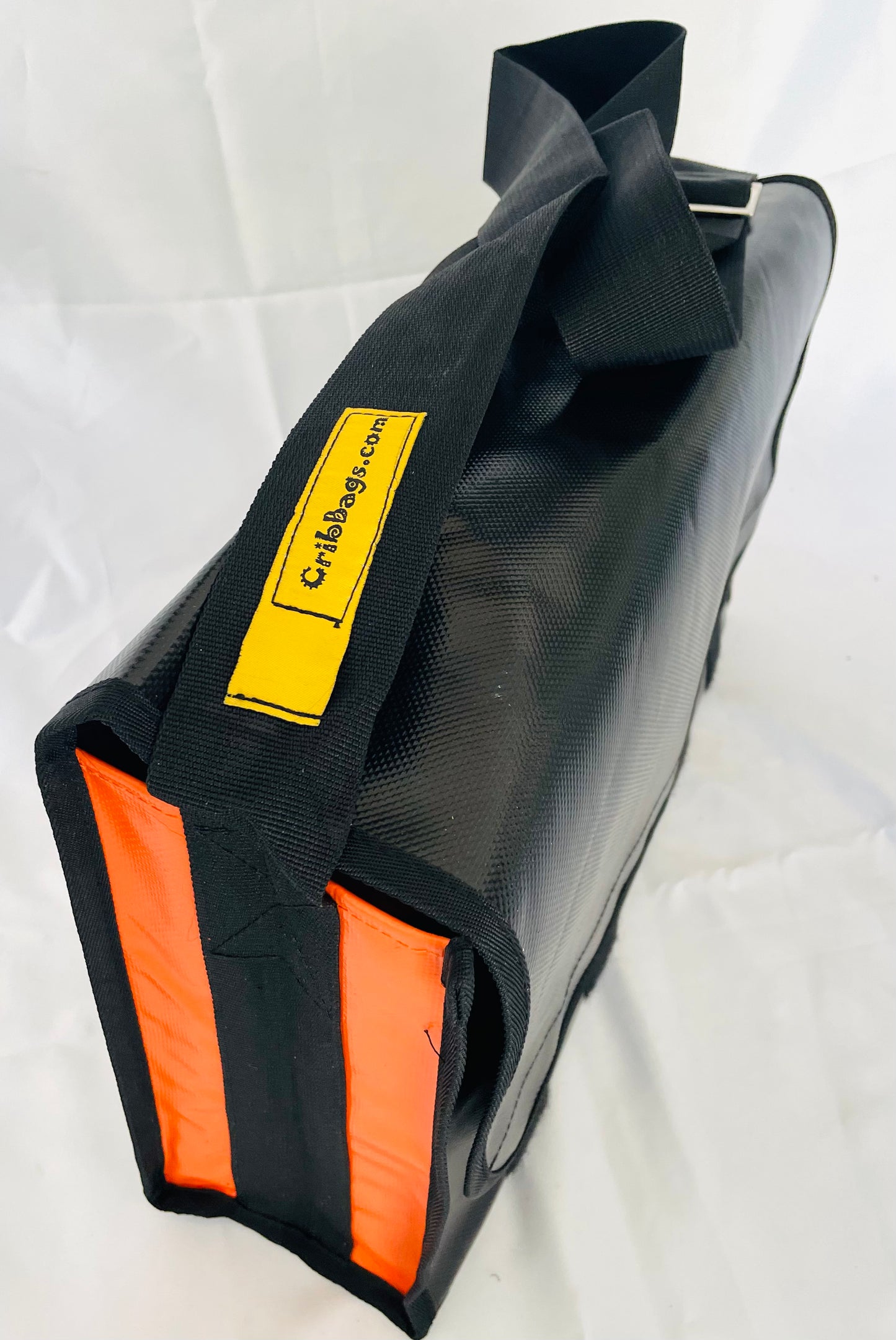 CribBags Small Black and Orange Crib bag. Tough Vinyl Construct, Document pocket inside