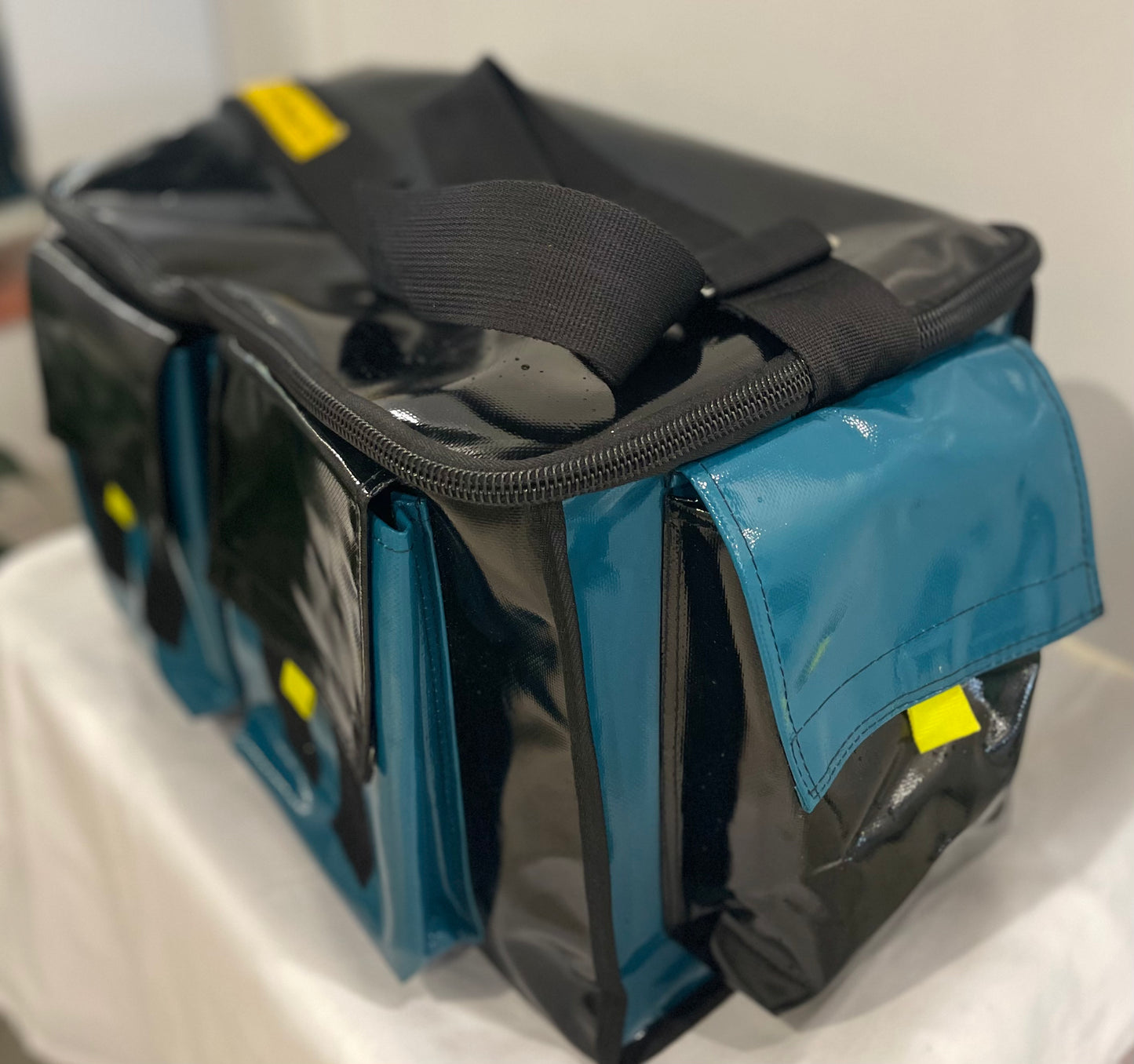 CribBags NEW ZIP Extra Large Black and Teal Crib bag. Tough Vinyl Construct 4 pockets outside, 3 pockets inside.