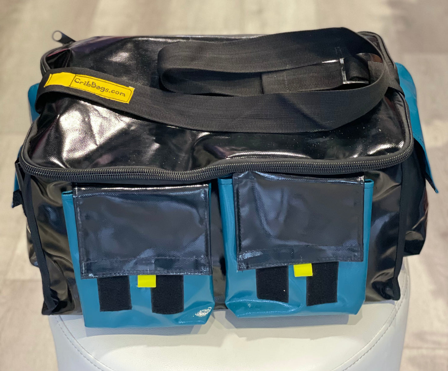 CribBags NEW ZIP Extra Large Black and Teal Crib bag. Tough Vinyl Construct 4 pockets outside, 3 pockets inside.