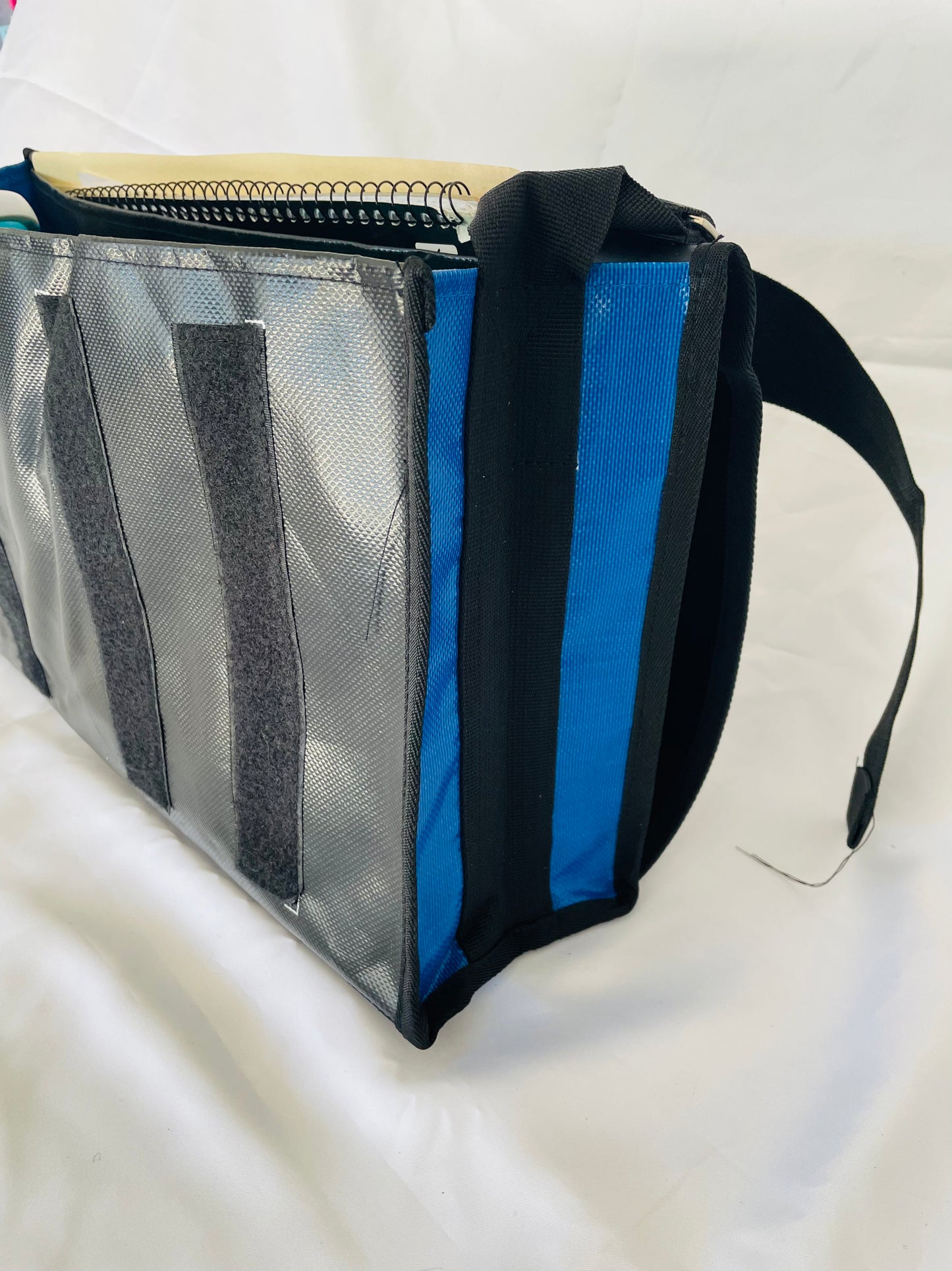 CribBags Small Black and Blue Crib bag. Tough Vinyl Construct, Document pocket inside