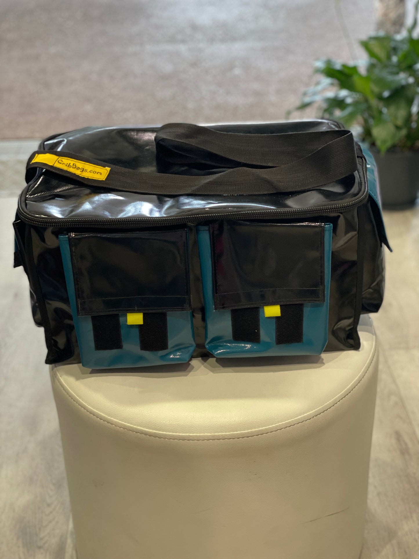 CribBags NEW ZIP Extra Large Black and Teal Crib bag. Tough Vinyl Construct 4 pockets outside, 3 pockets inside.