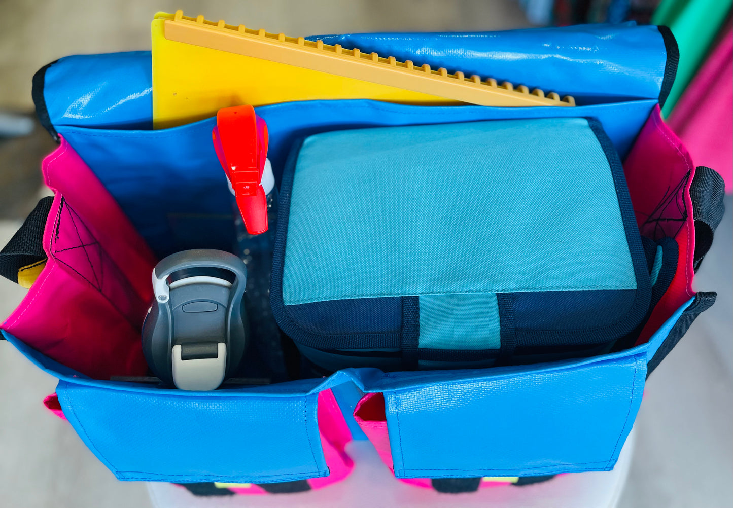 CribBags Medium Blue and Pink Crib bag. Tough Vinyl Construct 2 pockets outside, Document pockets inside