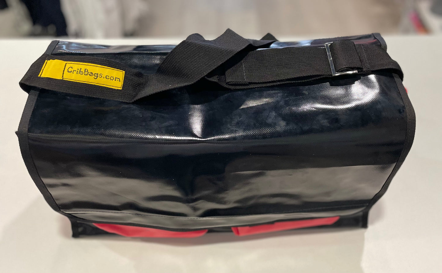 CribBags Medium Black and Red Crib bag. Tough Vinyl Construct 2 pockets outside, Document pockets inside