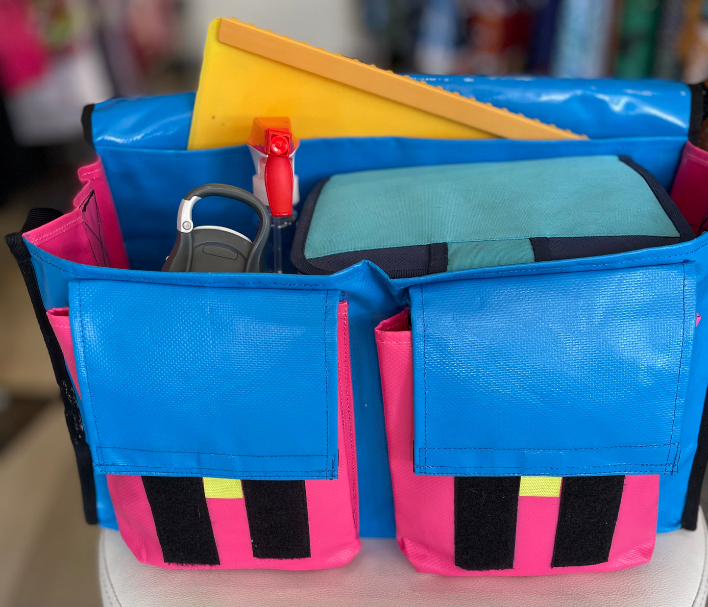 CribBags Medium Blue and Pink Crib bag. Tough Vinyl Construct 2 pockets outside, Document pockets inside