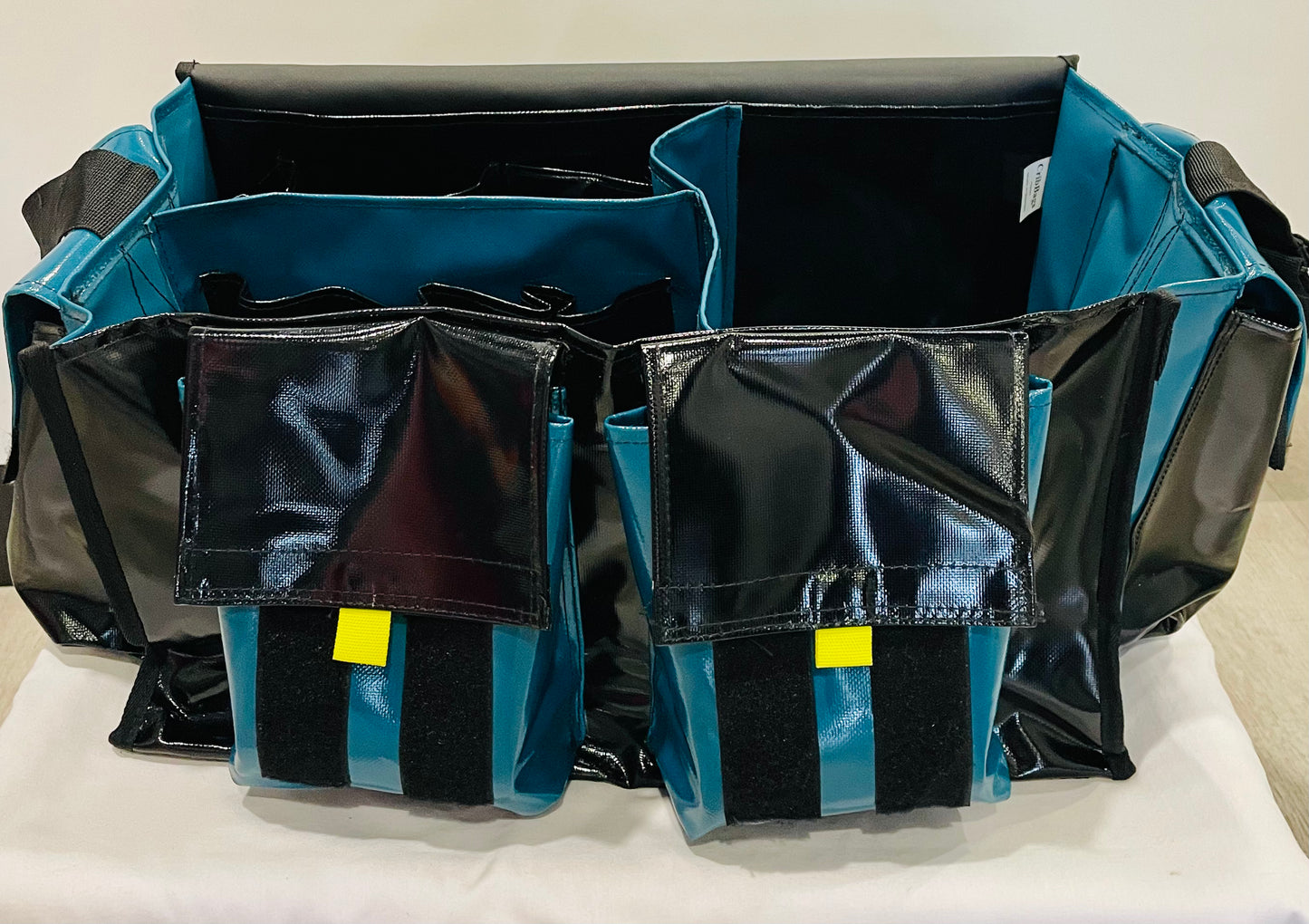 CribBags Extra Large Black and Teal Crib bag. Tough Vinyl Construct 4 pockets outside, 3 pockets inside