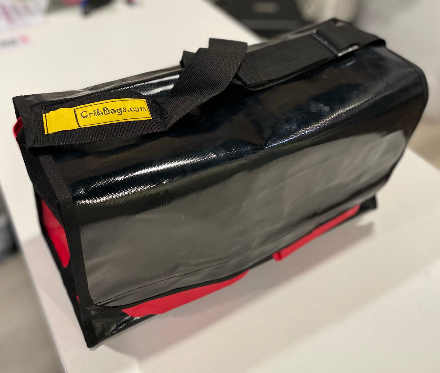 CribBags Medium Black and Red Crib bag. Tough Vinyl Construct 2 pockets outside, Document pockets inside