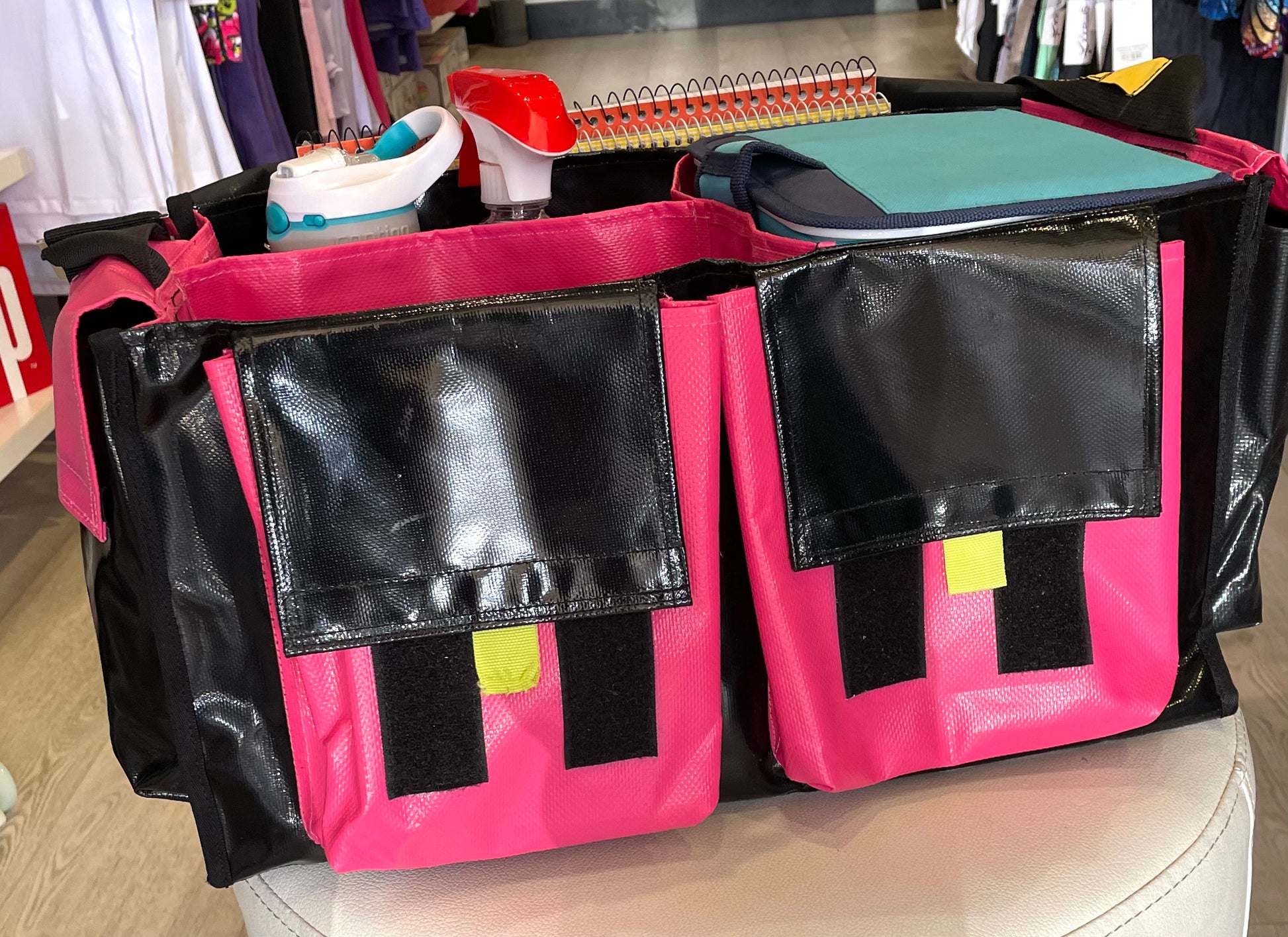 CribBags Extra Large Black and Pink Crib bag. Tough Vinyl Construct 4 pockets outside, 3 pockets inside.