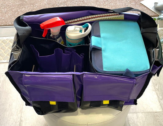 CribBags Extra Large Purple and Black Crib bag. Tough Vinyl Construct 4 pockets outside, 3 pockets inside