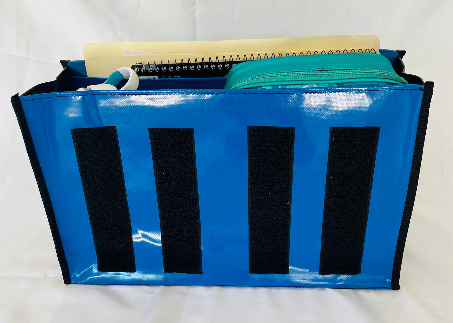 CribBags Small Blue and Black Crib bag. Tough Vinyl Construct, Document pocket inside