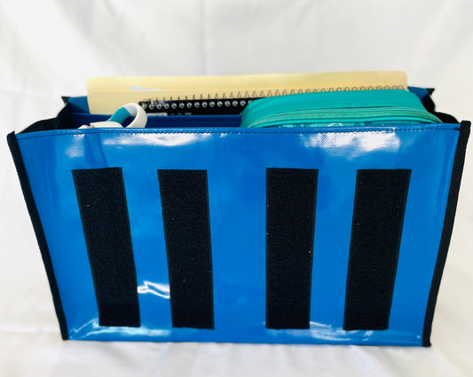 CribBags Small Blue and Black Crib bag. Tough Vinyl Construct, Document pocket inside
